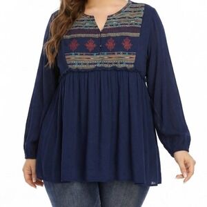 Zac & Rachel Tunic Women XXL Blue Good Embroidered Boho Rayon Long Sleeve Top